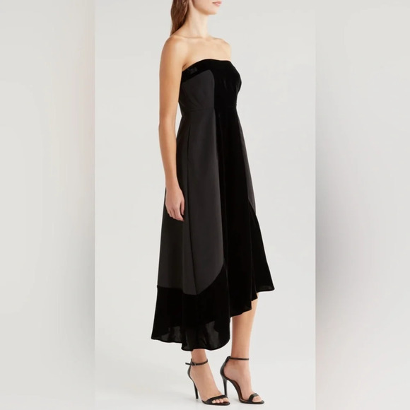 NWOT Du Paradis Geneva Mixed Media Strapless Midi Dress S Black Velvet Crepe - Picture 3 of 11